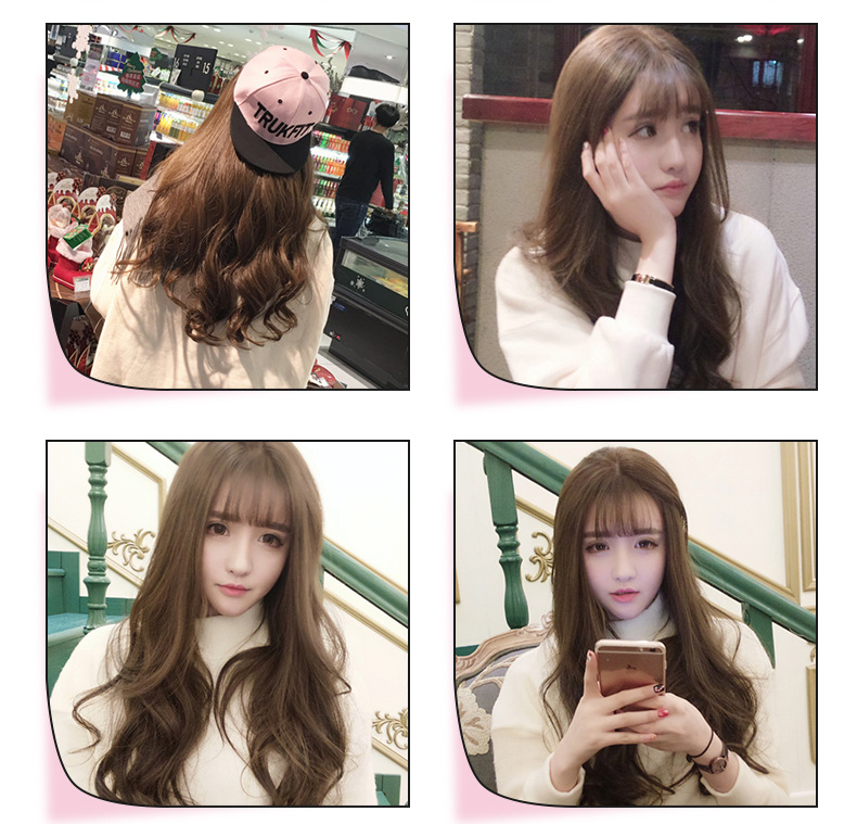 Internet Celebrity Wig Female Long Curly Hair Big Wave Thin Air Bangs Hairstyle Realistic Wig Sheath Full-Head Wig Wholesale Wigs