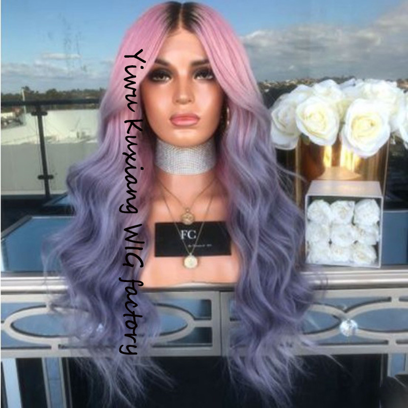 Cross-Border Dyed Black Gradient Pink Purple Long Curly Hair European and American New Wig Chemical Fiber Dyed Factory Direct Sales