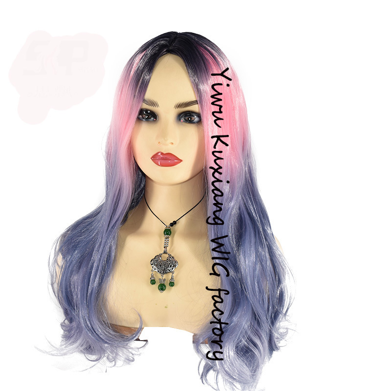 Cross-Border Dyed Black Gradient Pink Purple Long Curly Hair European and American New Wig Chemical Fiber Dyed Factory Direct Sales