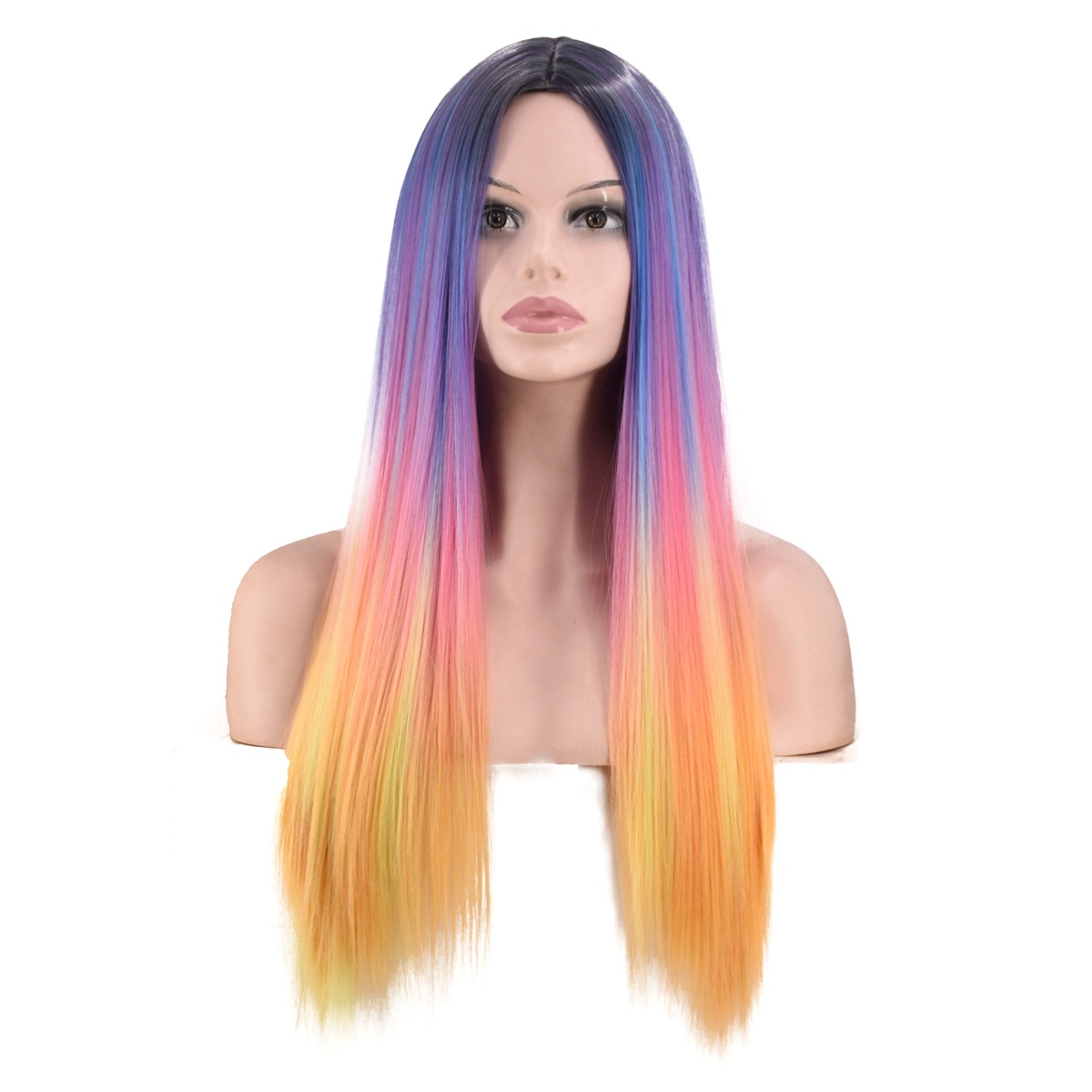 European and American New Four-Color Dyed Gradient Wig Long Straight Hair Hot Selling Fashion Ladies Center-Parted Wig, Factory Direct Sales