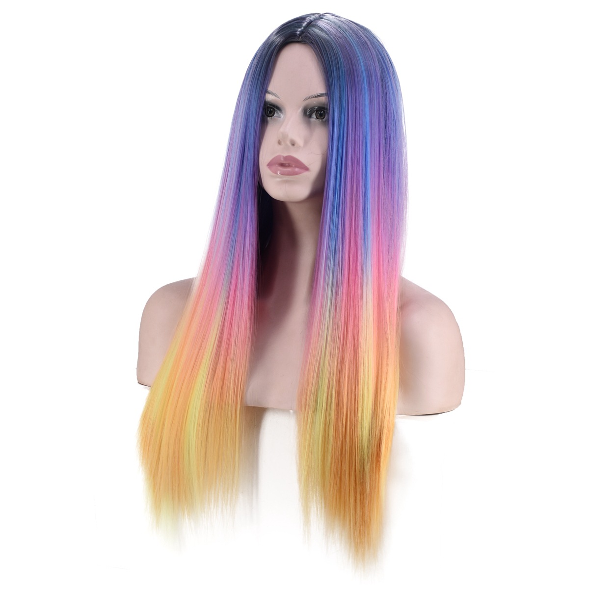 European and American New Four-Color Dyed Gradient Wig Long Straight Hair Hot Selling Fashion Ladies Center-Parted Wig, Factory Direct Sales