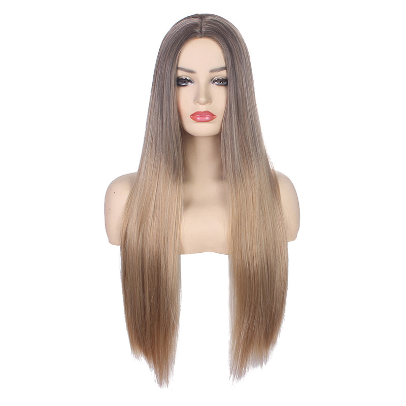 New Europe and America Cross Border Wig Female Fashion Dyed Black Gradient Long Straight Hair High-Temperature Fiber One Piece Dropshipping