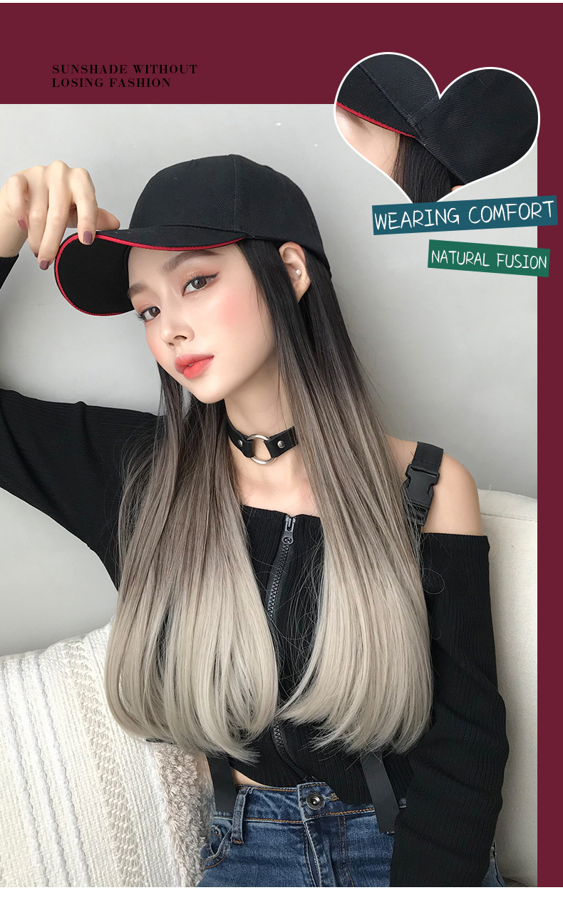 Cross-Border Wholesale Hat Wig One-Piece Gradient Dyed Long Straight Hair Peaked Cap Long Hair Inner Buckle Internet Celebrity Wig Cross-Border Wholesale Hat Wig One-Piece Gradient Dyed Long Straight Hair Peaked Cap Long Hair Inner Buckle Internet Celebrity Wig