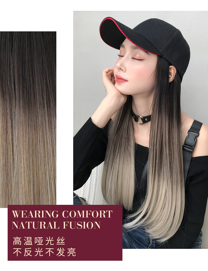Cross-Border Wholesale Hat Wig One-Piece Gradient Dyed Long Straight Hair Peaked Cap Long Hair Inner Buckle Internet Celebrity Wig Cross-Border Wholesale Hat Wig One-Piece Gradient Dyed Long Straight Hair Peaked Cap Long Hair Inner Buckle Internet Celebrity Wig