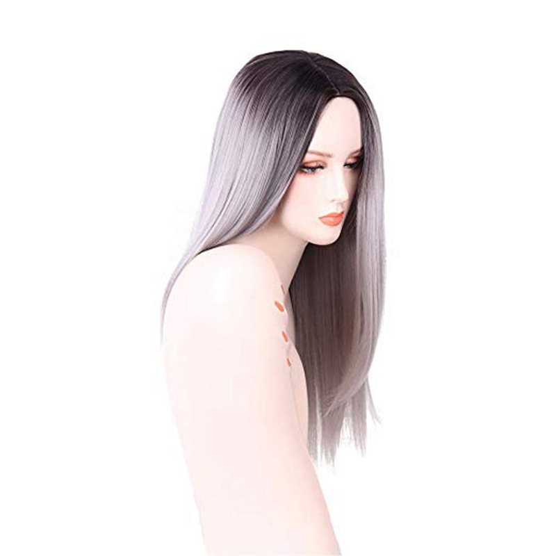 Factory Direct Sales European Wig Mid-Length Straight Black Gradient Gray Dyed Wig Chemical Fiber Full Top Hood
