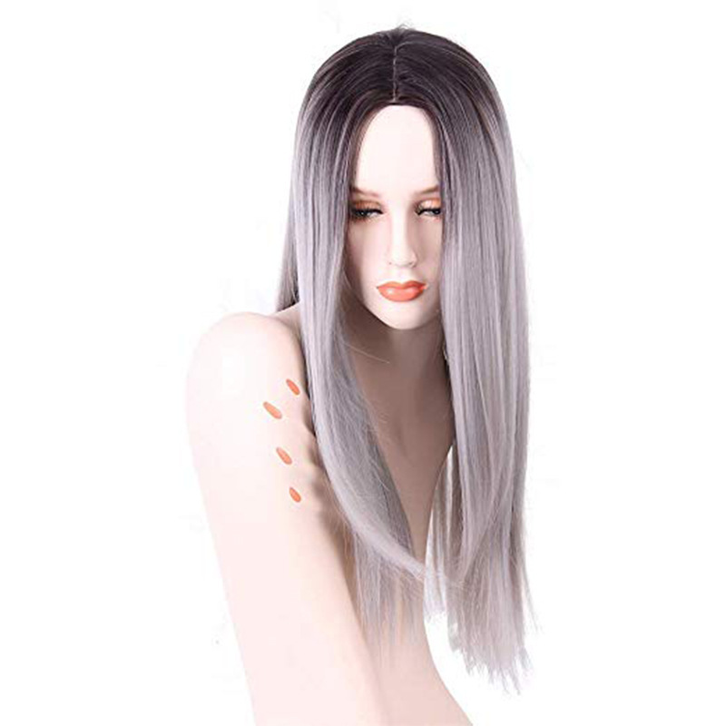 Factory Direct Sales European Wig Mid-Length Straight Black Gradient Gray Dyed Wig Chemical Fiber Full Top Hood
