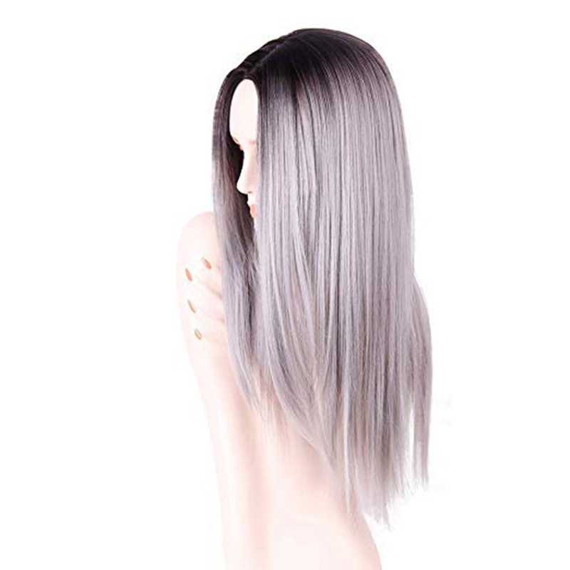 Factory Direct Sales European Wig Mid-Length Straight Black Gradient Gray Dyed Wig Chemical Fiber Full Top Hood