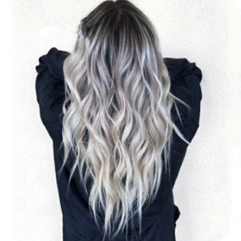 Hot Selling European and American Dyed Medium Long Curly Hair Cos Gray Gradient Anime Wig New Female Synthetic Wigs