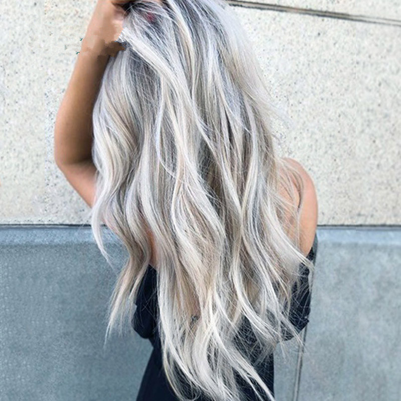 Hot Selling European and American Dyed Medium Long Curly Hair Cos Gray Gradient Anime Wig New Female Synthetic Wigs