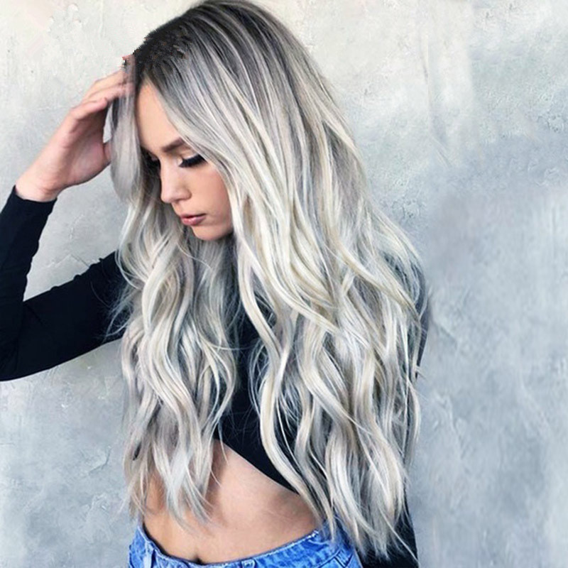 Hot Selling European and American Dyed Medium Long Curly Hair Cos Gray Gradient Anime Wig New Female Synthetic Wigs