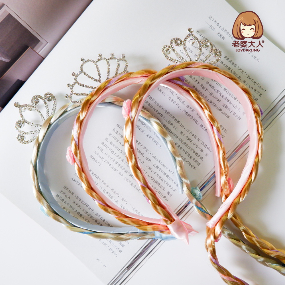 Fairy Tale Princess Crown Embedded Rhinestone Wig Braid Children&#039;s Headband Independent Packaging Blonde Braid Headband Hair Accessories