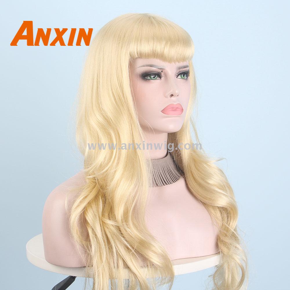 Anxin Long Black Wigs for Black Women Wave Hairs with Bangs Synthetic Curly Natural Color Blonde Cosplay Party Wig