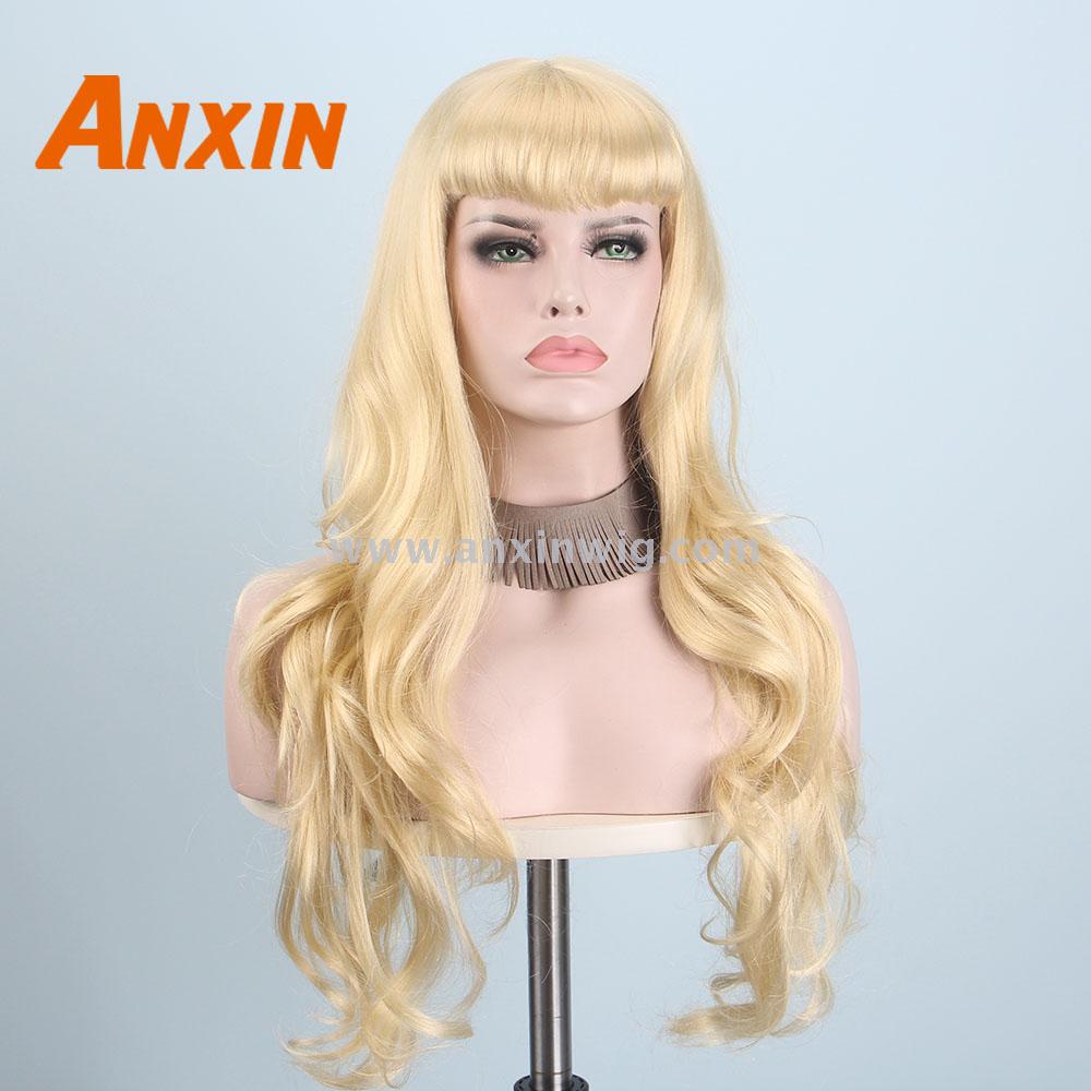 Anxin Long Black Wigs for Black Women Wave Hairs with Bangs Synthetic Curly Natural Color Blonde Cosplay Party Wig