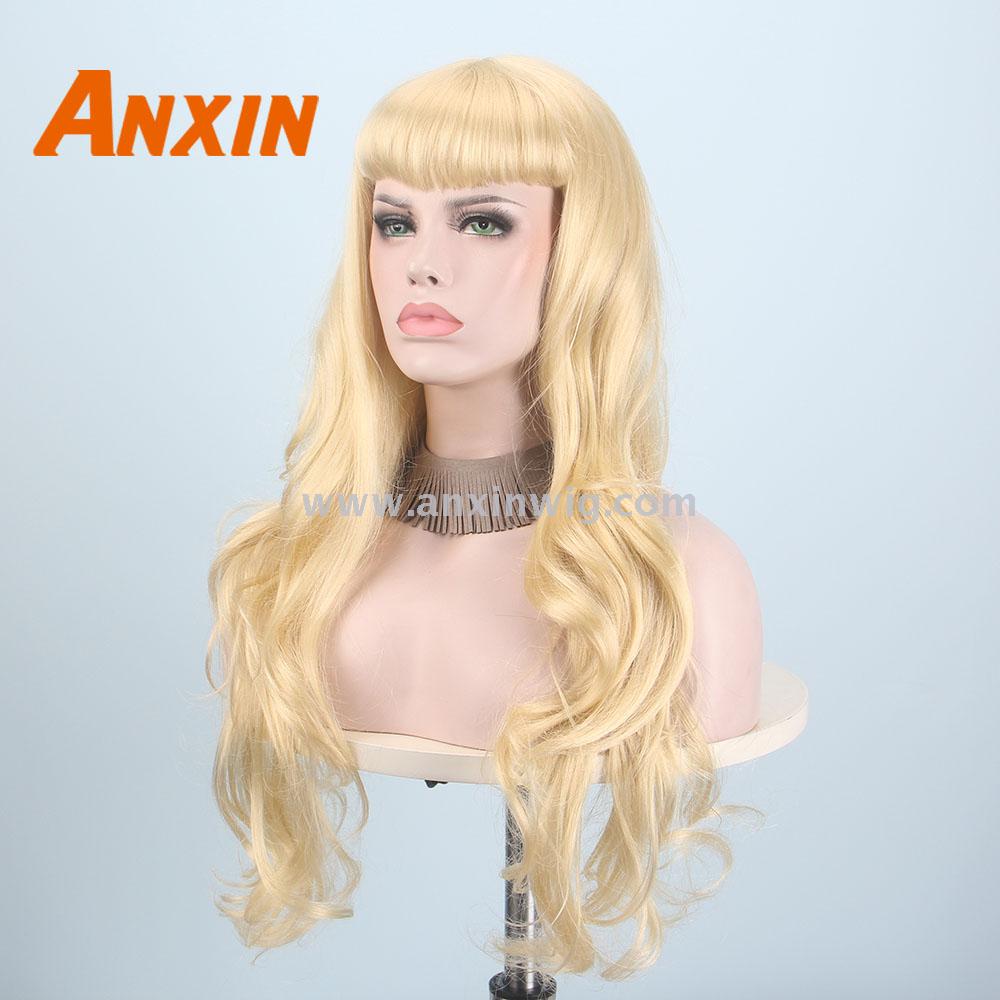 Anxin Long Black Wigs for Black Women Wave Hairs with Bangs Synthetic Curly Natural Color Blonde Cosplay Party Wig