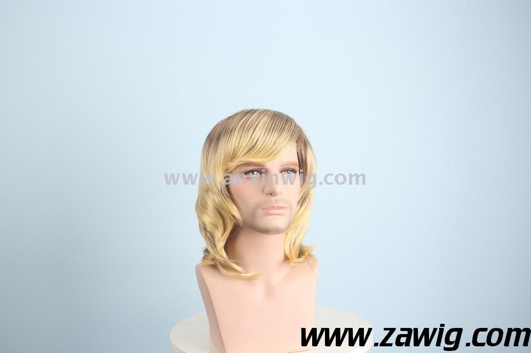 Anxin Short Blonde Wigs for Men Synthetic Wig Golden Color Hairs Toupee High Temperature Cosplay Wigs for Man