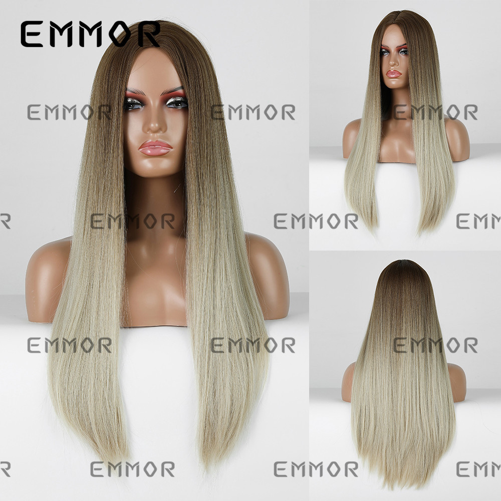 Emmor European and American Style Wig Medium Gradient Blonde Long Straight Women Wig Cosplay Party Daily Chemical Fiber Hair