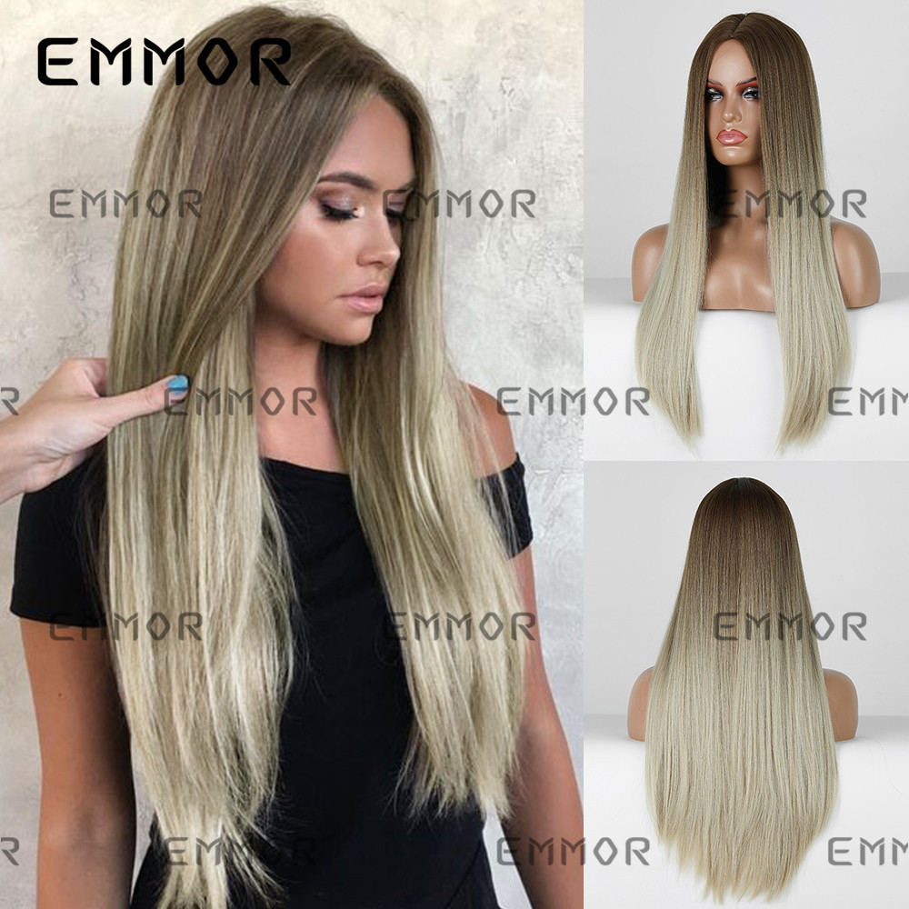 Emmor European and American Style Wig Medium Gradient Blonde Long Straight Women Wig Cosplay Party Daily Chemical Fiber Hair