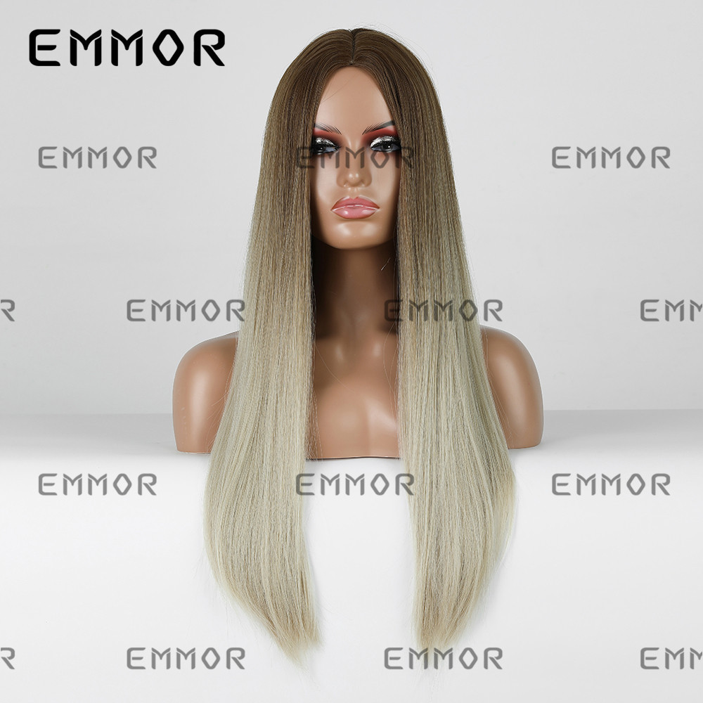 Emmor European and American Style Wig Medium Gradient Blonde Long Straight Women Wig Cosplay Party Daily Chemical Fiber Hair