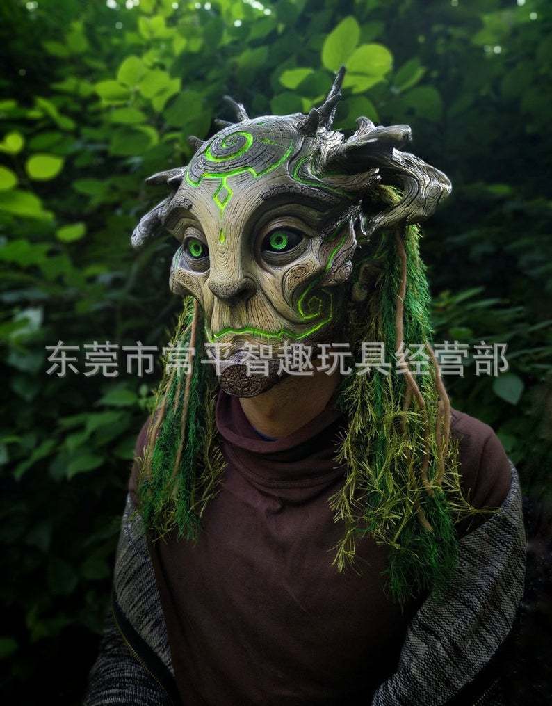 Forest Spirit Mask Forest Beast Mask with Wig Eyes Glowing Laiquendi Halloween Head Cover