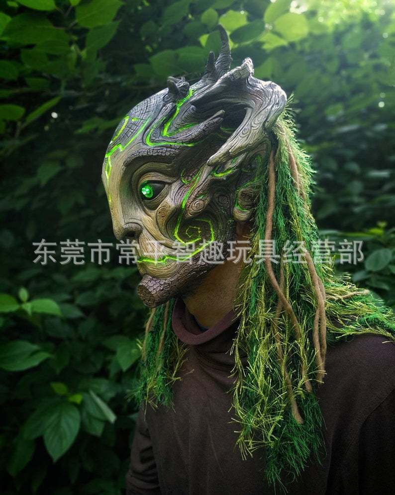 Forest Spirit Mask Forest Beast Mask with Wig Eyes Glowing Laiquendi Halloween Head Cover