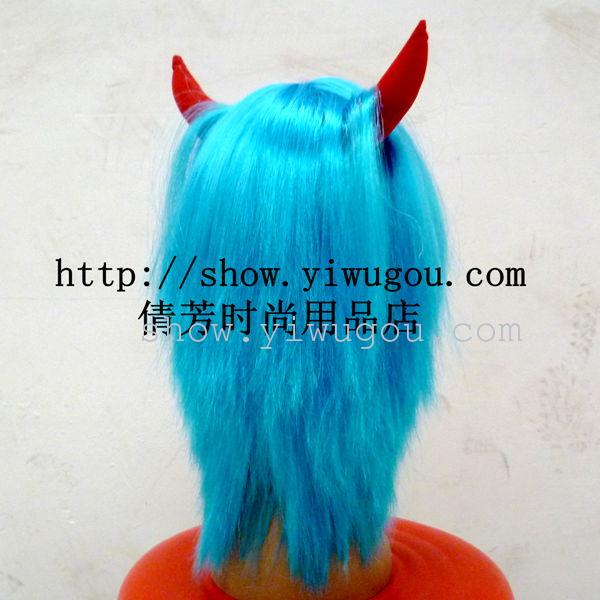 Ox horn long wig Halloween wig Festival wig blue hair
