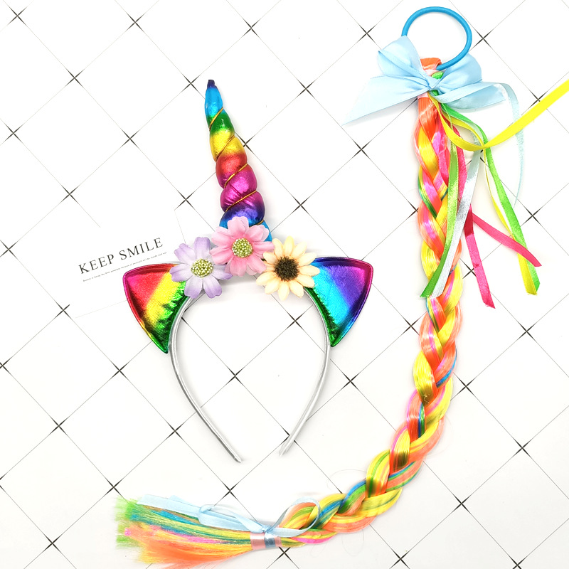 Factory in Stock Amazon Cross-Border Unicorn Role Play Halloween Dress up Headband Wig Braid Suit