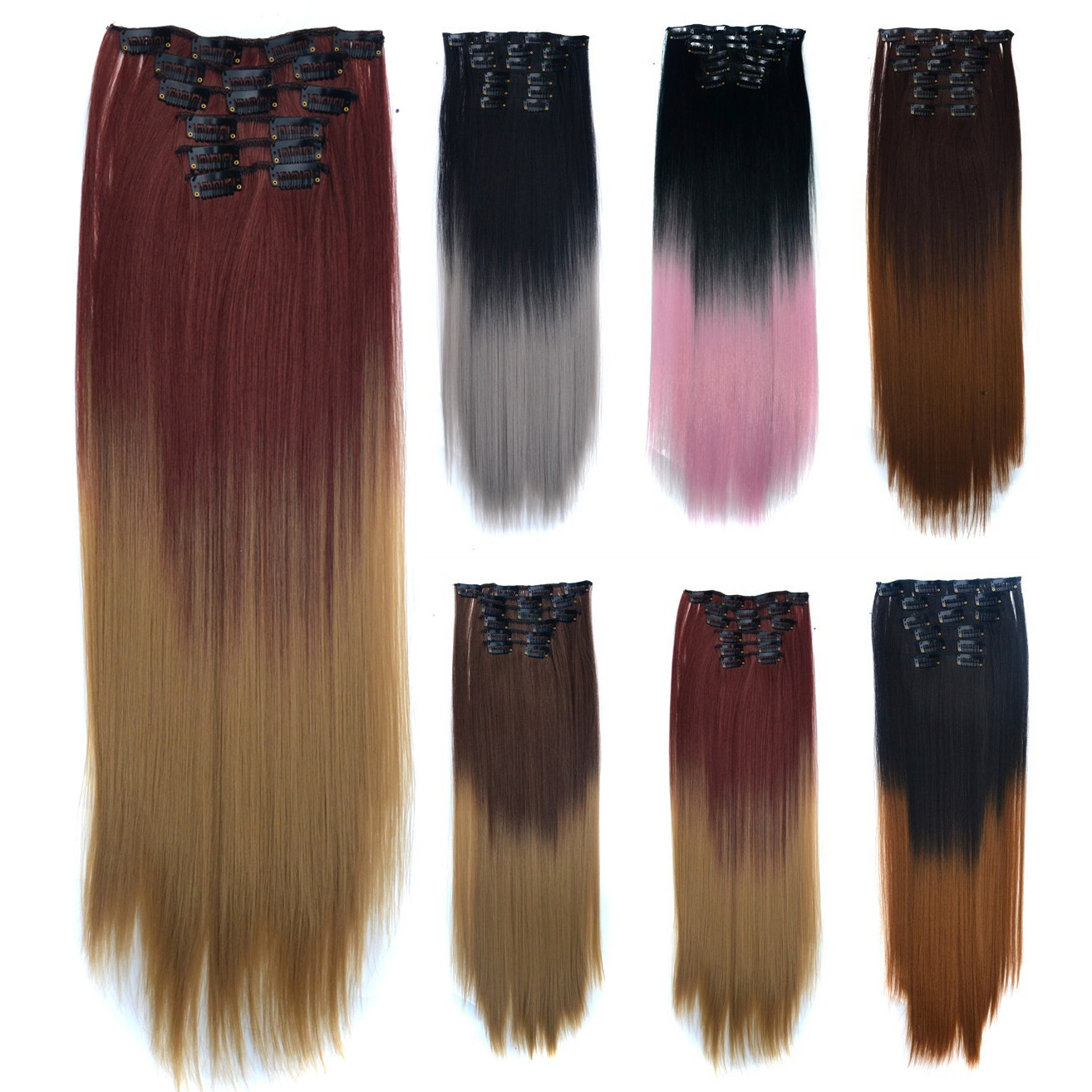 Wig Set Hairpiece Clip 6-Piece Set Straight Color Gradient Hair Extension 16 Card Hairpiece Clip Wig Set