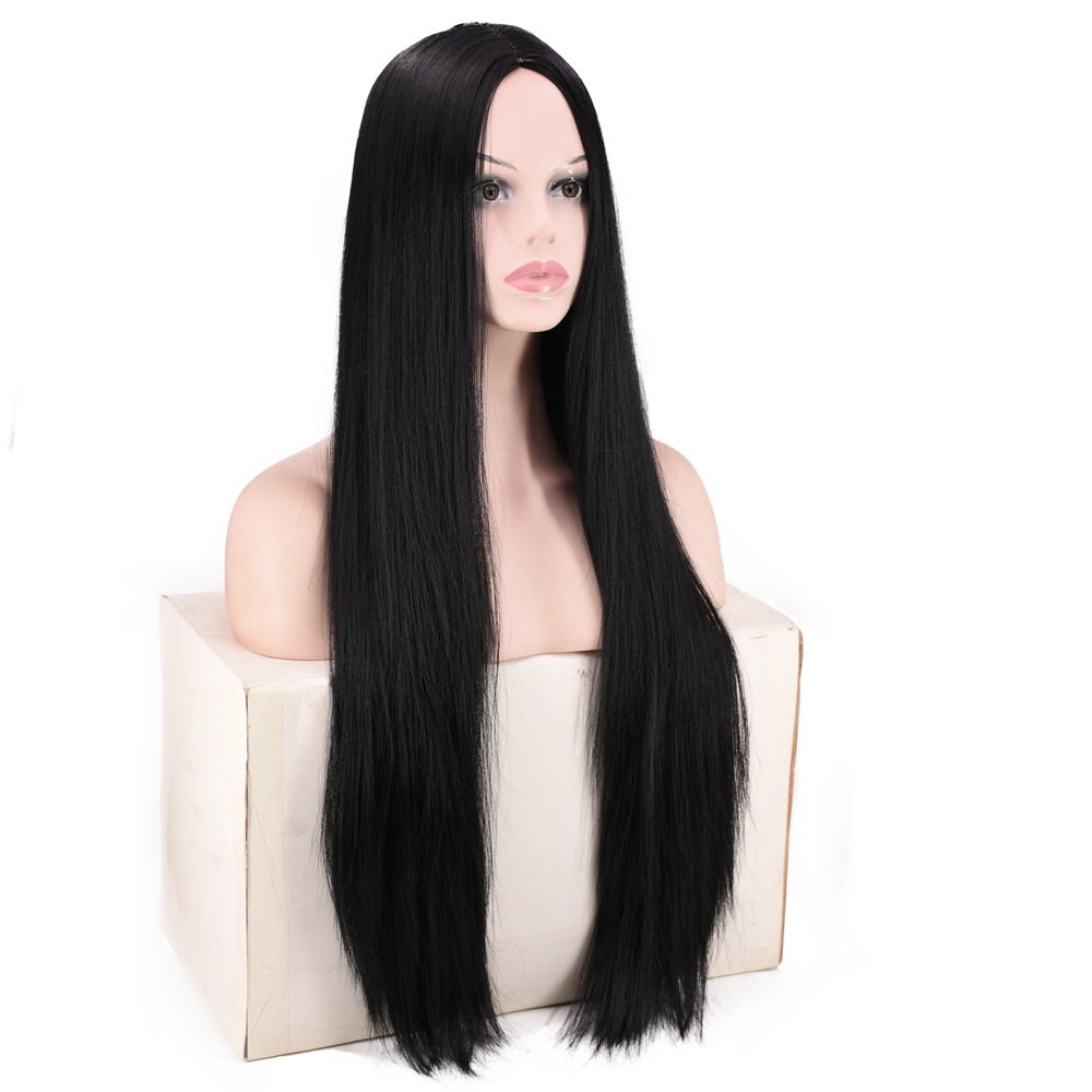 Foreign Trade Best Seller in Europe and America African Wig Female Natural Black Center-Parted Bangs Long Straight Hair Wig Head Cover Factory Direct Sales
