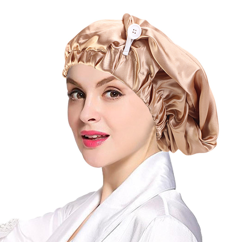 Exclusive for Cross-Border Satin Nightcap Elastic Band Buckle Long Tube Shower Cap Dual-Use Hat Wig with Hair Extensions Shower Cap Turban Hat
