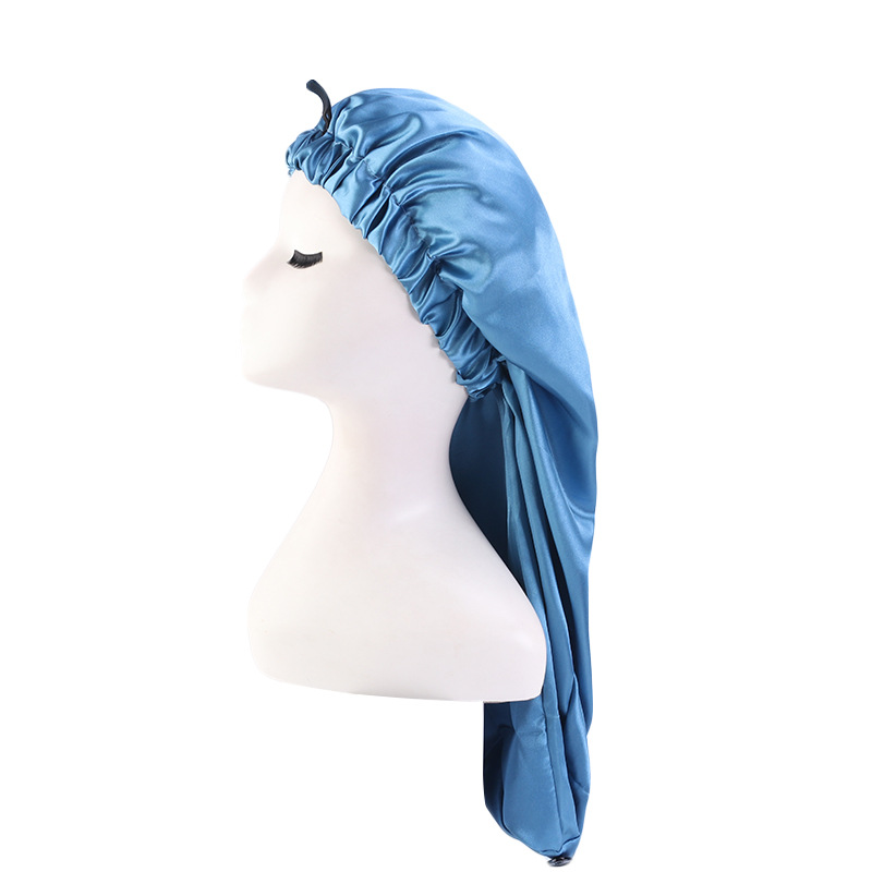 Exclusive for Cross-Border Satin Nightcap Elastic Band Buckle Long Tube Shower Cap Dual-Use Hat Wig with Hair Extensions Shower Cap Turban Hat