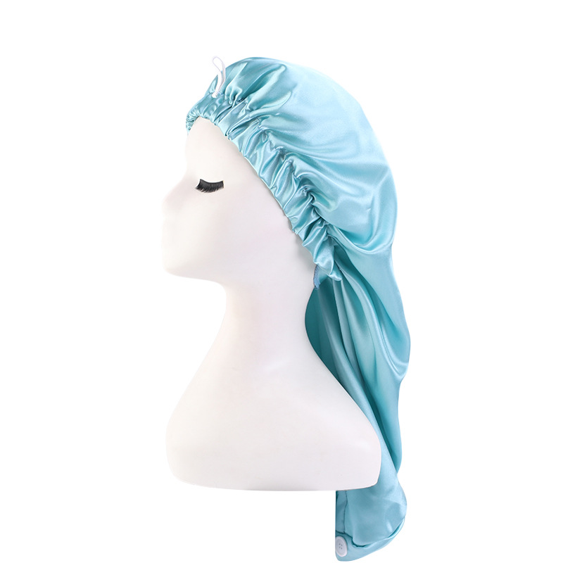 Exclusive for Cross-Border Satin Nightcap Elastic Band Buckle Long Tube Shower Cap Dual-Use Hat Wig with Hair Extensions Shower Cap Turban Hat