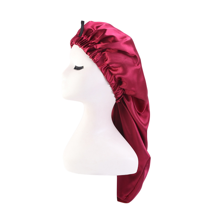 Exclusive for Cross-Border Satin Nightcap Elastic Band Buckle Long Tube Shower Cap Dual-Use Hat Wig with Hair Extensions Shower Cap Turban Hat