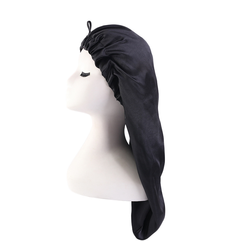 Exclusive for Cross-Border Satin Nightcap Elastic Band Buckle Long Tube Shower Cap Dual-Use Hat Wig with Hair Extensions Shower Cap Turban Hat