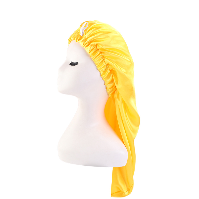 Exclusive for Cross-Border Satin Nightcap Elastic Band Buckle Long Tube Shower Cap Dual-Use Hat Wig with Hair Extensions Shower Cap Turban Hat