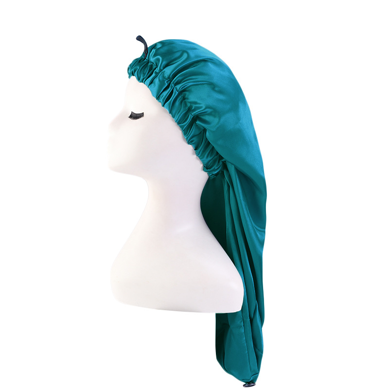 Exclusive for Cross-Border Satin Nightcap Elastic Band Buckle Long Tube Shower Cap Dual-Use Hat Wig with Hair Extensions Shower Cap Turban Hat