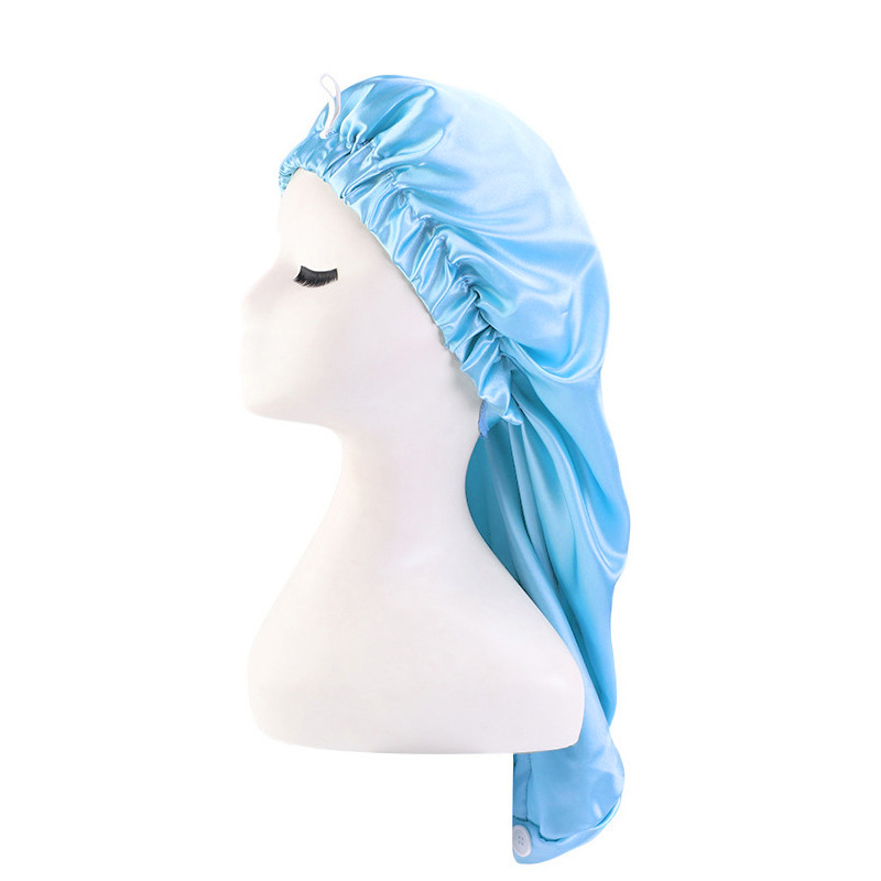 Exclusive for Cross-Border Satin Nightcap Elastic Band Buckle Long Tube Shower Cap Dual-Use Hat Wig with Hair Extensions Shower Cap Turban Hat