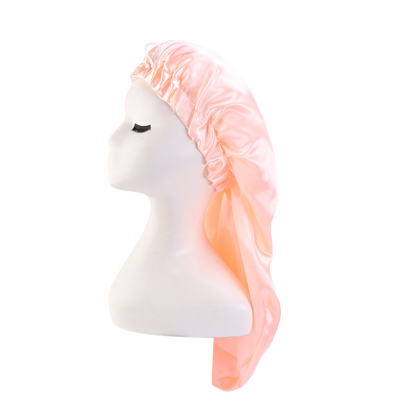 Exclusive for Cross-Border Satin Nightcap Elastic Band Buckle Long Tube Shower Cap Dual-Use Hat Wig with Hair Extensions Shower Cap Turban Hat