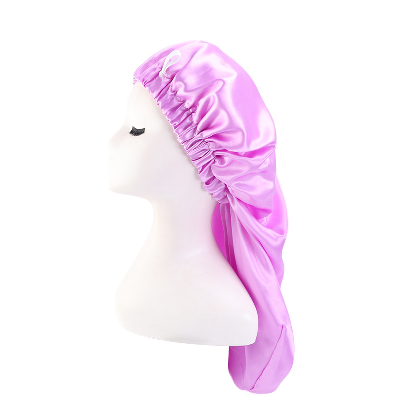 Exclusive for Cross-Border Satin Nightcap Elastic Band Buckle Long Tube Shower Cap Dual-Use Hat Wig with Hair Extensions Shower Cap Turban Hat