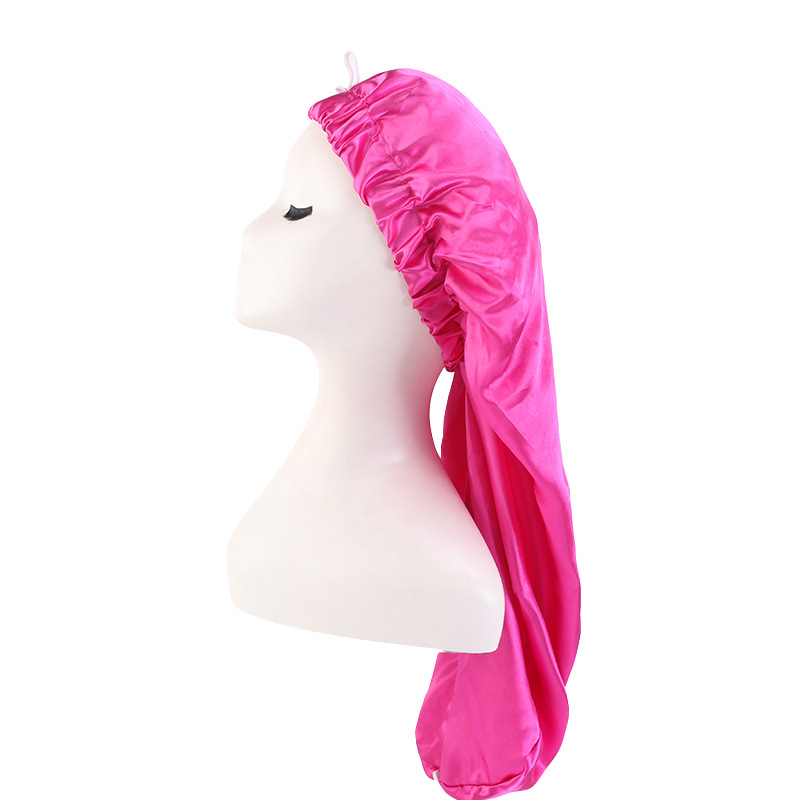 Exclusive for Cross-Border Satin Nightcap Elastic Band Buckle Long Tube Shower Cap Dual-Use Hat Wig with Hair Extensions Shower Cap Turban Hat