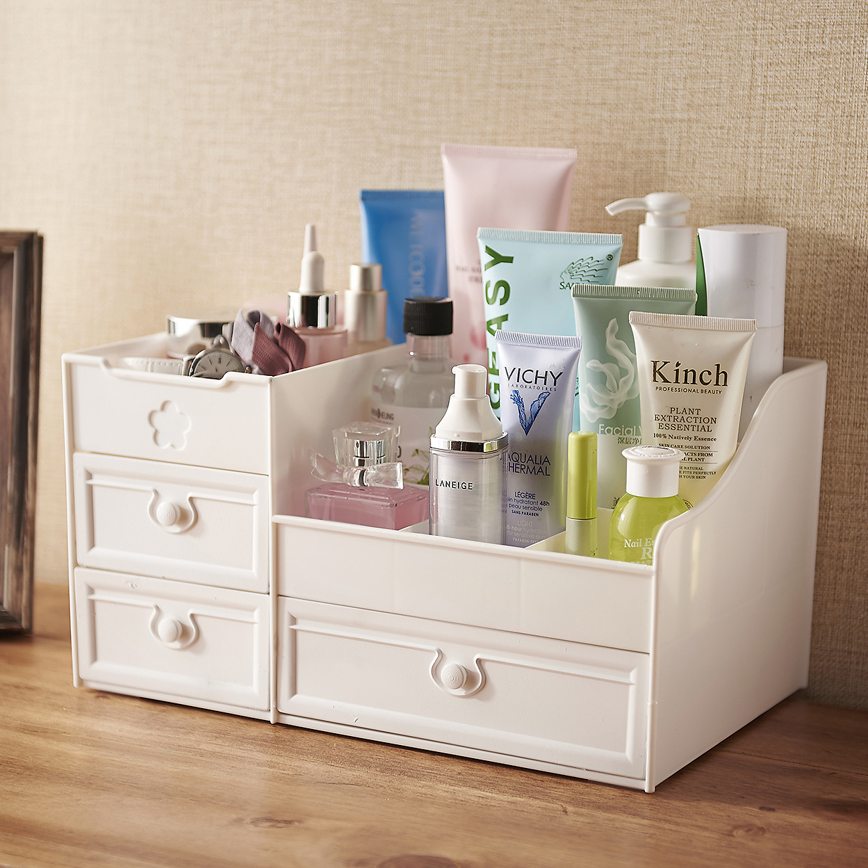 Drawer type cosmetic storage box plastic skin care products compartmentaldresser dormitory desktop storage shelf