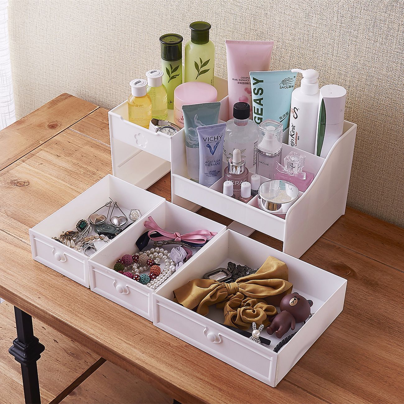 Drawer type cosmetic storage box plastic skin care products compartmentaldresser dormitory desktop storage shelf