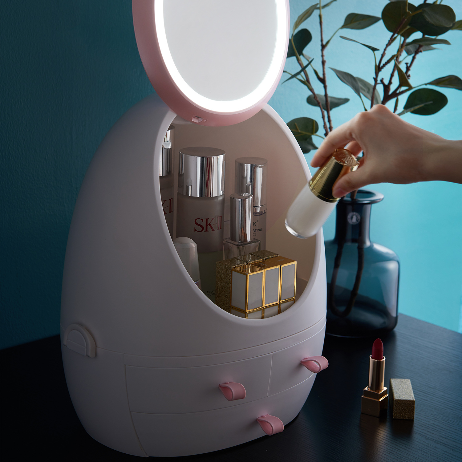 Web celebrity cosmetic storage box with LED lamp mirror drawer type portable table dust-proof skin care products shelf