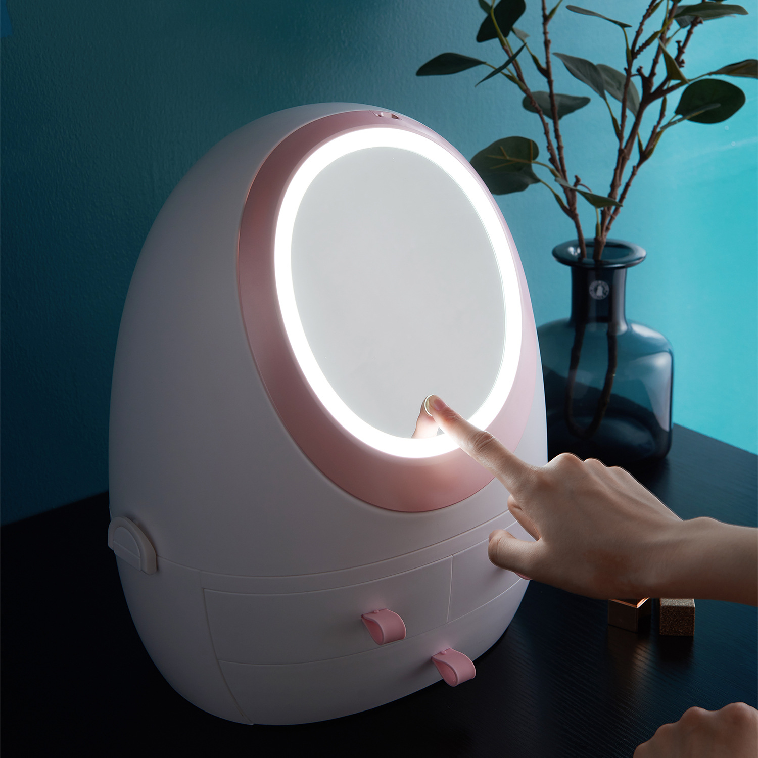 Web celebrity cosmetic storage box with LED lamp mirror drawer type portable table dust-proof skin care products shelf
