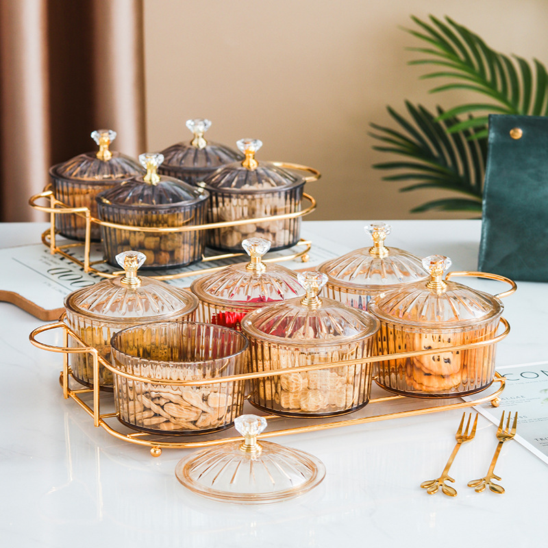 Nordic Dried Fruit Dish Snack Dish Snack Dish Transparent round Fruit Plate Dessert Compartment Tray Iron Box with Cover