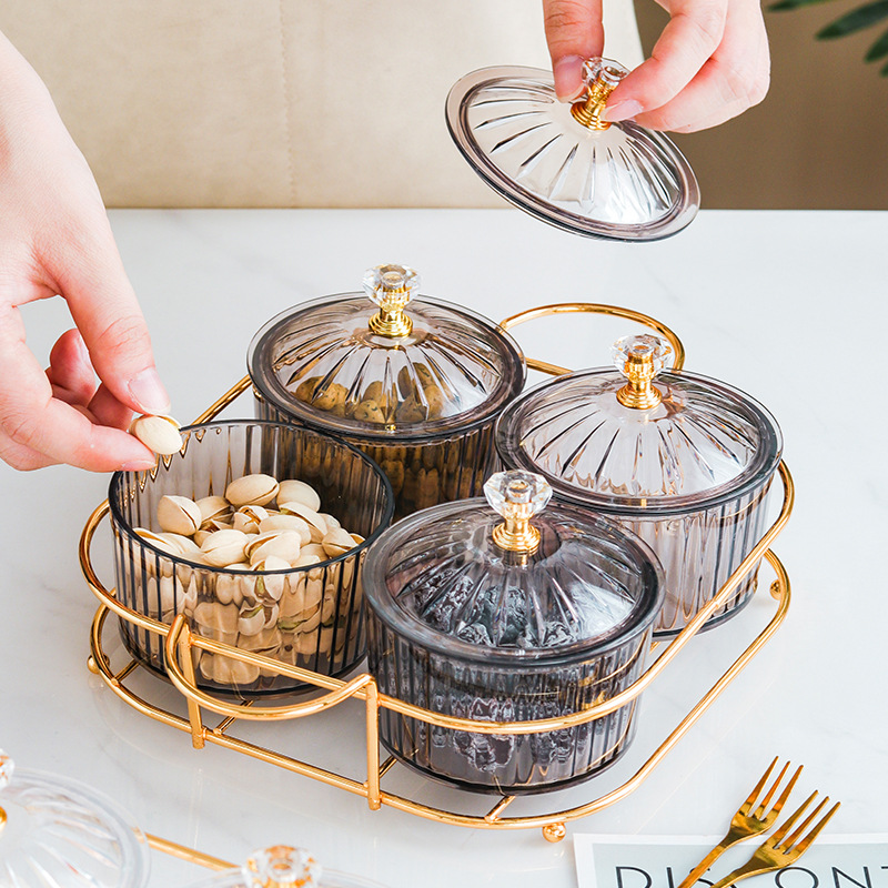 Nordic Dried Fruit Dish Snack Dish Snack Dish Transparent round Fruit Plate Dessert Compartment Tray Iron Box with Cover