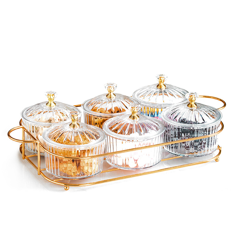 Nordic Dried Fruit Dish Snack Dish Snack Dish Transparent round Fruit Plate Dessert Compartment Tray Iron Box with Cover