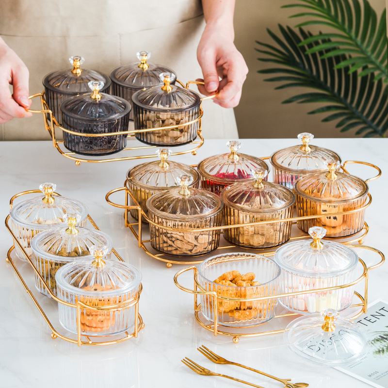 Nordic Dried Fruit Dish Snack Dish Snack Dish Transparent round Fruit Plate Dessert Compartment Tray Iron Box with Cover