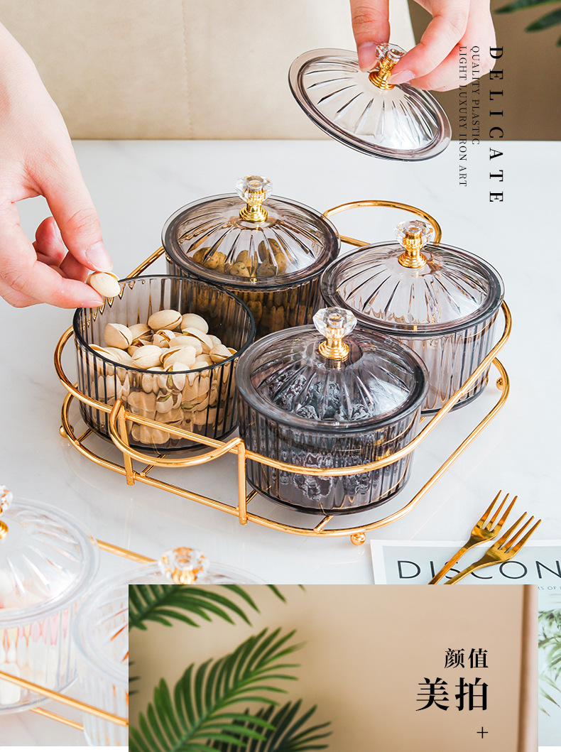 Nordic Dried Fruit Dish Snack Dish Snack Dish Transparent round Fruit Plate Dessert Compartment Tray Iron Box with Cover