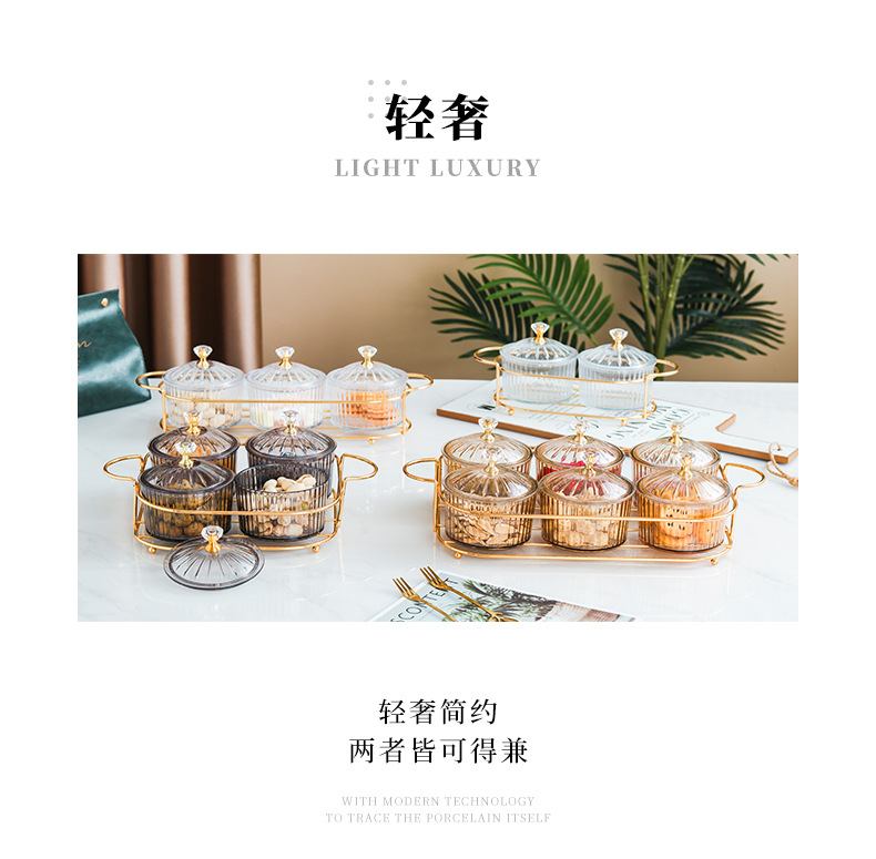 Nordic Dried Fruit Dish Snack Dish Snack Dish Transparent round Fruit Plate Dessert Compartment Tray Iron Box with Cover