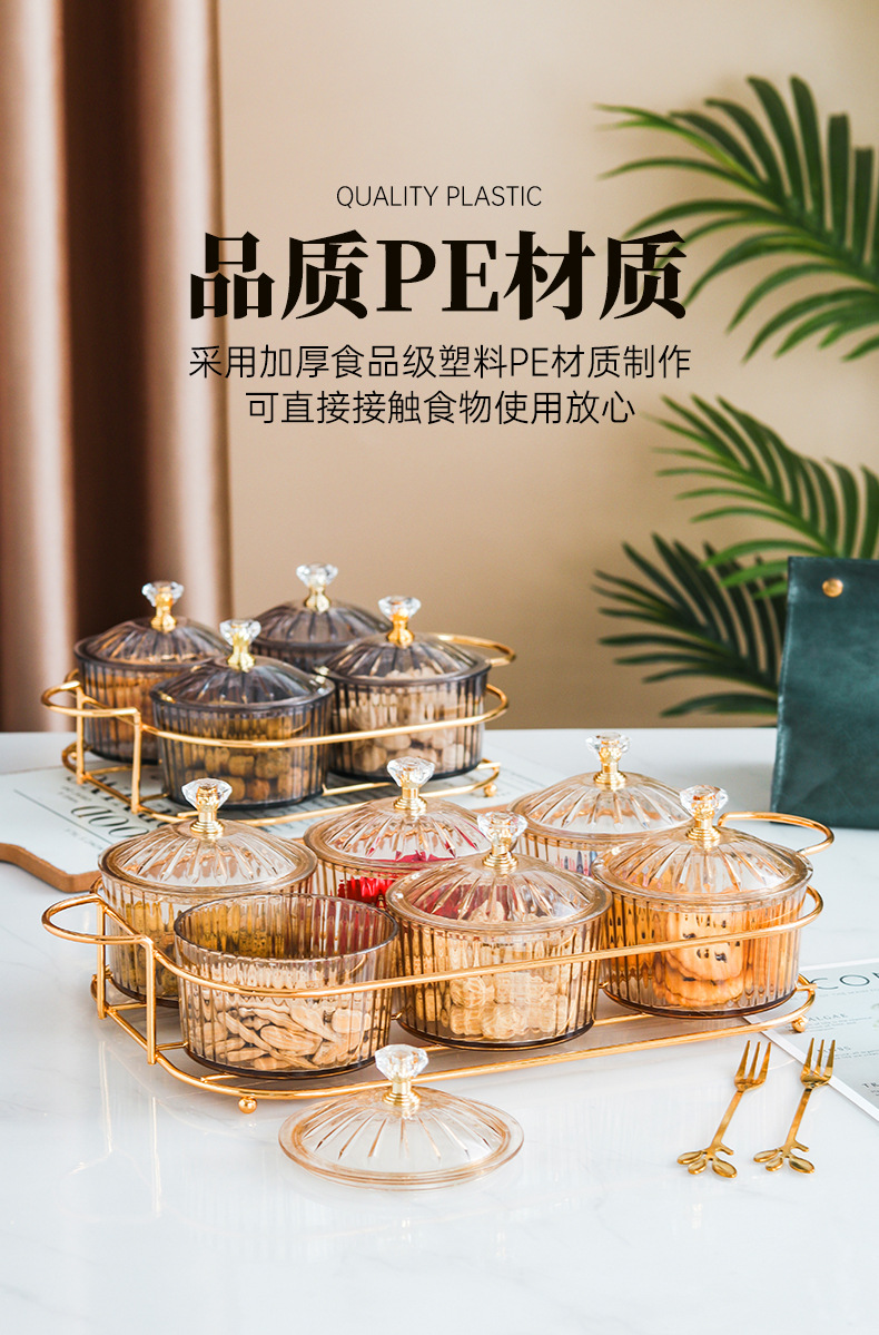 Nordic Dried Fruit Dish Snack Dish Snack Dish Transparent round Fruit Plate Dessert Compartment Tray Iron Box with Cover